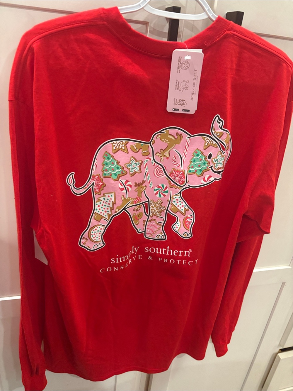 Simply Southern Red Long Sleeve Tee with Pink Holiday Elephant Graphic
